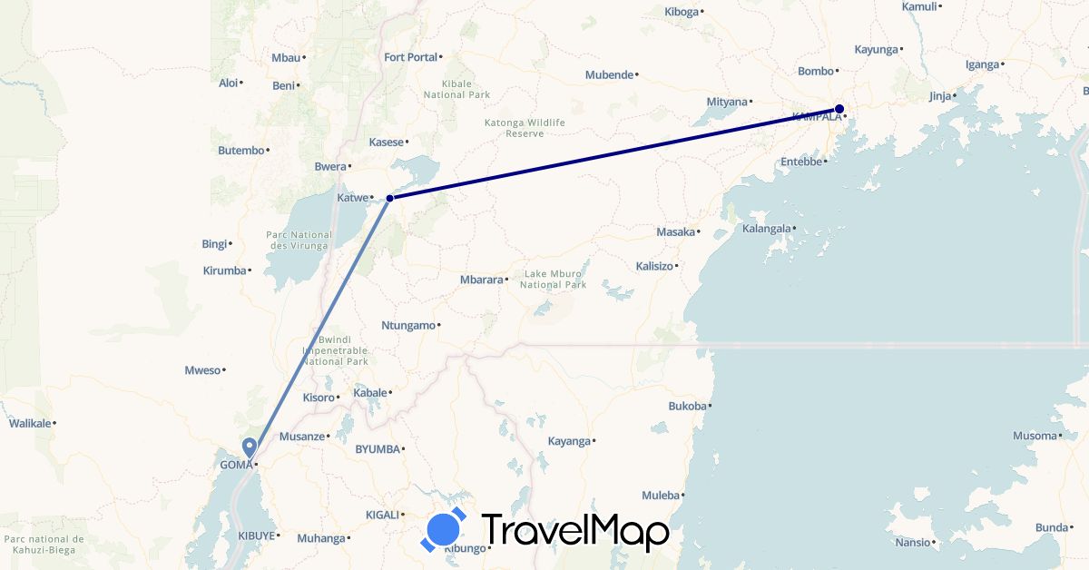 TravelMap itinerary: driving, cycling in Democratic Republic of the Congo, Uganda (Africa)